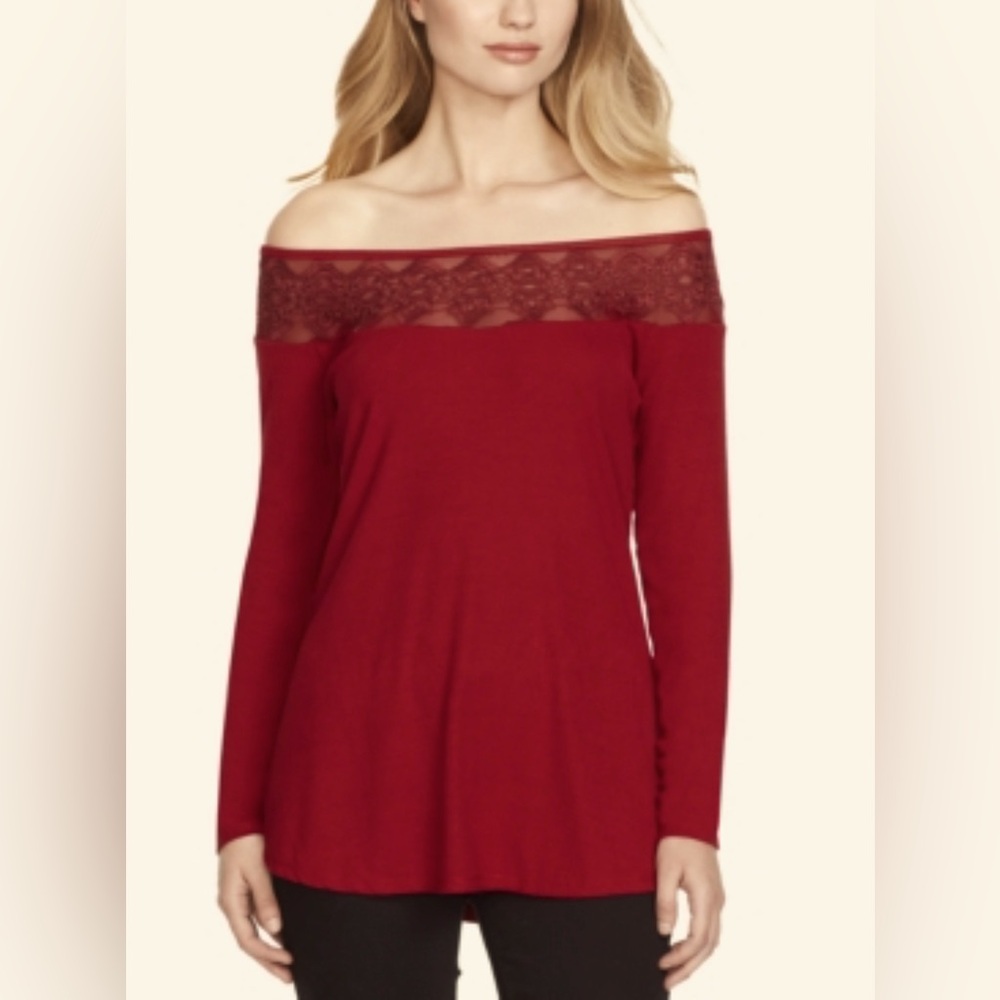 Jessica Simpson Womens Juniors Lindina Lace Inset Off-the-Shoulder Casual Top